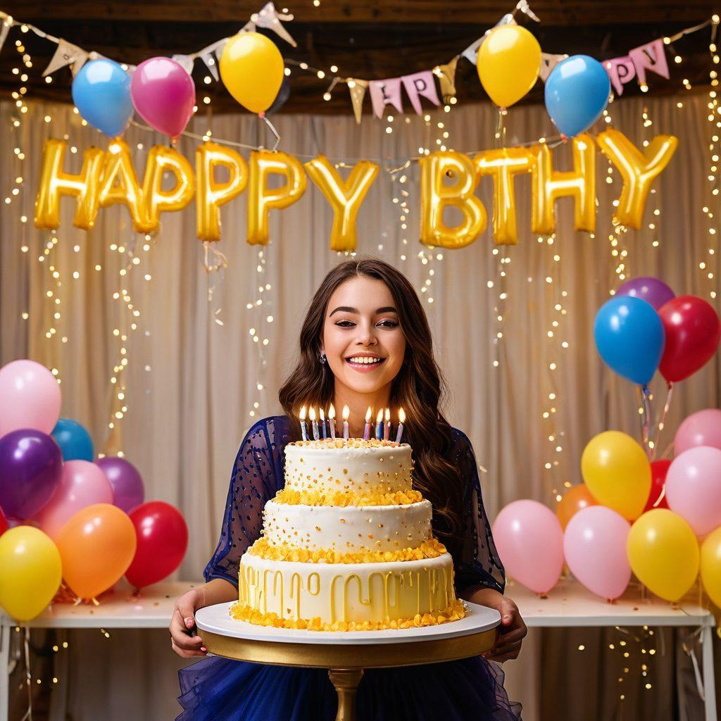 A vibrant and festive scene depicting a glamorous Sweet 18 birthday party, featuring an elegantly decorated cake with sparkling candles, colorful balloons, and beautifully wrapped gifts. Include a group of joyful teenagers in stylish outfits, celebrating with confetti and banners that read 'Happy 18th Birthday' in lively fonts. The background should include twinkling fairy lights and a dance floor to enhance the celebratory atmosphere. super-realistic. vibrant colors. festive mood.