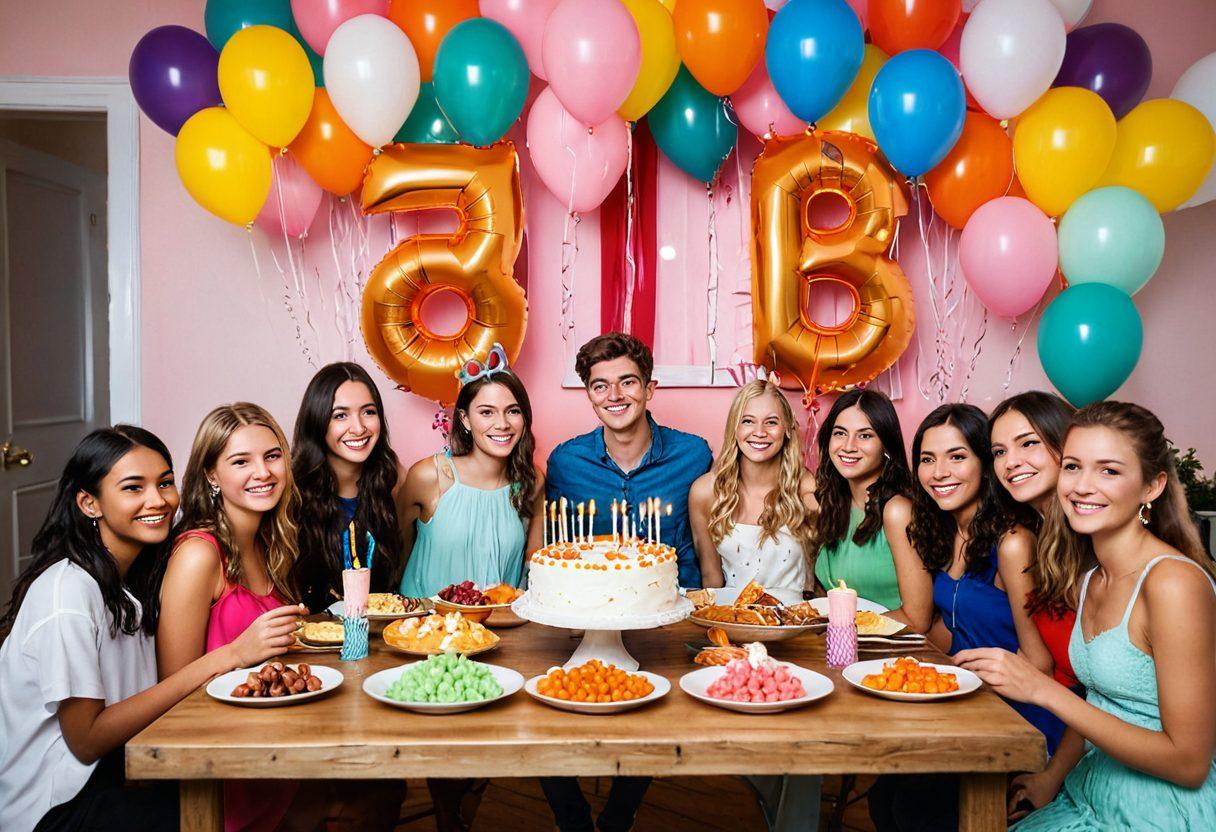 A lively celebration scene depicting a vibrant 18th birthday party with colorful balloons, a stylish cake with '18' candles, and a group of diverse friends laughing and dancing together. The atmosphere should radiate joy and excitement, with decorations in pastel and bright colors, and a backdrop of twinkling fairy lights. A festive table filled with party snacks and drinks adds to the ambiance. super-realistic. vibrant colors. 3D.
