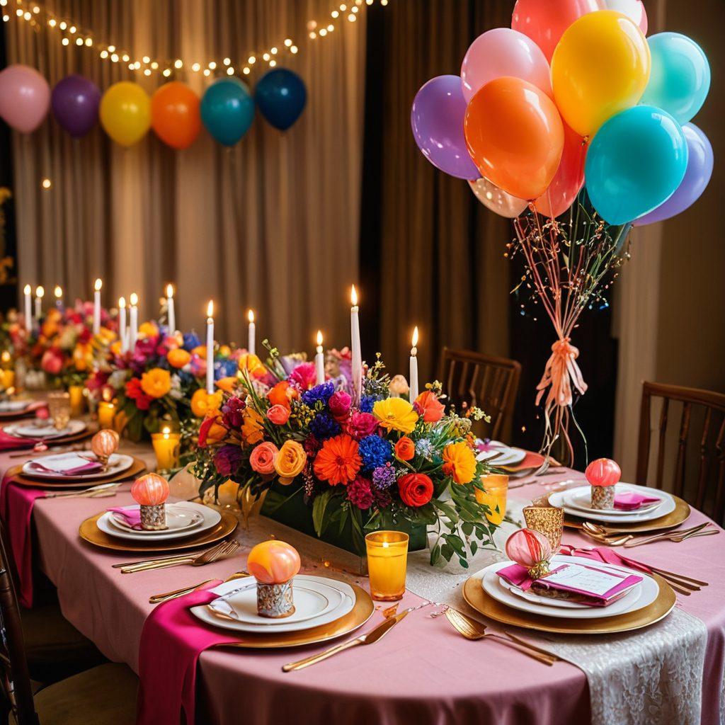 A beautifully set table adorned with colorful decorations for a milestone birthday party, featuring elegant invitations, balloons, and a lavish cake. In the background, twinkling fairy lights and cheerful guests creating a festive atmosphere. The scene captures the joy of celebration and meticulous planning. vibrant colors. super-realistic.
